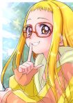  1girl absurdres aged_up alternate_hair_length alternate_hairstyle blonde_hair blush eyelashes finger_to_mouth highres index_finger_raised kasugano_urara_(yes!_precure_5) kibou_no_chikara_~otona_precure_&#039;23~ long_hair looking_at_viewer momo02634 precure simple_background smile solo yellow_eyes yes!_precure_5 