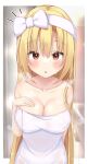  1girl after_bathing arihara_nanami bare_arms bare_shoulders bathroom blonde_hair blush bow breast_hold breasts cleavage collarbone commentary_request covered_nipples curvy double-parted_bangs eyelashes eyes_visible_through_hair framed groin hair_between_eyes hair_bow hair_down hair_over_shoulder hairband heart heart-shaped_pupils highres indoors large_breasts long_hair naked_towel notice_lines paid_reward_available parted_lips red_eyes riddle_joker shiny_skin sidelocks solo steam straight-on straight_hair symbol-shaped_pupils towel upper_body very_long_hair water_drop wet white_bow white_hairband white_towel yosh1na 