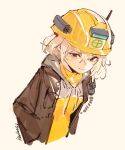  1girl artist_name blonde_hair bodysuit breasts brown_eyes brown_jacket closed_mouth goddess_of_victory:_nikke hands_in_pockets hardhat helmet highres jacket leaning_forward liter_(nikke) looking_at_viewer mar10 open_clothes open_jacket short_hair simple_background sketch small_breasts solo upper_body walkie-talkie white_hood yellow_bodysuit yellow_headwear 