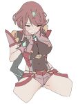  1girl black_gloves blush breasts chest_jewel covered_navel fingerless_gloves gloves highres kame_0_0_kame large_breasts looking_down pyra_(xenoblade) red_eyes red_hair red_shorts short_hair short_shorts shorts solo spread_legs swept_bangs tiara xenoblade_chronicles_(series) xenoblade_chronicles_2 