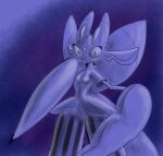  2023 anthro digital_media_(artwork) elemental_creature female flora_fauna generation_7_pokemon hi_res looking_at_viewer lora_lentos lurantis monochrome mouthless nintendo plant pokemon pokemon_(species) purple_body purple_eyes purple_skin simple_background solo standing yueliafreecs 