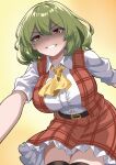  1girl absurdres ascot belt black_belt black_thighhighs breasts buttons collared_shirt cowboy_shot double-parted_bangs evil_grin evil_smile fluffywings frilled_skirt frills from_below green_hair grin hair_between_eyes highres kazami_yuuka large_breasts leaning_forward looking_at_viewer medium_hair miniskirt open_clothes open_vest outstretched_arm partially_shaded_face plaid plaid_skirt plaid_vest reaching reaching_towards_viewer red_eyes red_skirt red_vest shirt shirt_tucked_in short_sleeves simple_background skirt skirt_set smile solo taut_clothes taut_shirt thighhighs touhou v-shaped_eyebrows vest white_shirt wing_collar yellow_ascot zettai_ryouiki 