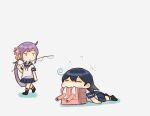  2girls adapted_turret ahoge akebono_(kancolle) bell black_hair blue_sailor_collar blue_skirt cannon closed_eyes exhausted fishing_rod flower full_body hair_bell hair_flower hair_ornament jingle_bell kantai_collection long_hair multiple_girls pleated_skirt purple_eyes purple_hair saiguchi_otoufu sailor_collar sailor_shirt school_uniform serafuku shirt short_sleeves side_ponytail simple_background skirt turret ushio_(kancolle) very_long_hair white_background white_shirt 