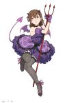  1girl bare_shoulders black_choker black_thighhighs blush brown_eyes brown_hair choker demon_girl demon_horns demon_tail demon_wings flower frilled_skirt frills garter_straps gloves hair_flower hair_ornament highres holding holding_pitchfork horns knees_together_feet_apart looking_at_viewer mini_wings misaka_mikoto open_mouth pink_footwear pitchfork purple_gloves purple_shirt purple_skirt shirt short_hair skirt sleeveless sleeveless_shirt solo tail takatisakana tank_top thighhighs toaru_kagaku_no_railgun toaru_majutsu_no_index white_background wings 