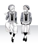  2boys absurdres aged_down akademiya_uniform alhaitham_(genshin_impact) amata_(amaxtamax) book book_on_lap commentary crossed_ankles dress facing_viewer genshin_impact gradient_background grey_background greyscale hair_between_eyes hair_over_one_eye hand_up hat highres jacket kaveh_(genshin_impact) leggings long_hair looking_at_another male_focus monochrome multiple_boys one_eye_covered open_book parted_bangs shoes short_hair side-by-side sitting swept_bangs white_background 