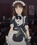 1girl absurdres acog alternate_costume artist_name assault_rifle black_eyes brown_hair enmaided eyebrows_hidden_by_hair flashlight freckles gun highres hitsuji_(hitsujigoods) kara_eklund looking_to_the_side m4_carbine maid maid_headdress neet_girl_date_night poster_(object) puffy_short_sleeves puffy_sleeves rifle scope short_sleeves signature sling solo suppressor table twintails weapon wrist_cuffs 
