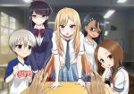  1boy 5girls absurdres blonde_hair blue_eyes blurry blurry_background blush brown_eyes brown_hair classroom clothes_writing dark_skin desk empty_eyes forehead grey_hair height_difference highres ijiranaide_nagatoro-san indoors jealous jewelry karakai_jouzu_no_takagi-san kitagawa_marin komi-san_wa_komyushou_desu komi_shouko long_hair looking_back multiple_girls nagatoro_hayase necktie pink_eyes pout puffy_short_sleeves puffy_sleeves ring sailor_collar school_desk school_uniform shirt short_hair short_sleeves sono_bisque_doll_wa_koi_wo_suru surprised swept_bangs takagi-san uzaki-chan_wa_asobitai! uzaki_hana white_shirt yeshen_xiaoshuai 