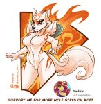  2023 amaterasu_(okami) ambris anthro artist_name black_nose black_sclera breasts canid canine canis capcom crotch_tuft deity eyebrows eyelashes featureless_breasts female fire fur hi_res inner_ear_fluff looking_at_viewer mammal markings navel nude okami_(capcom) solo tuft white_body white_fur wolf 