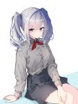  1girl absurdres blue_eyes collared_shirt commentary_request dress_shirt grey_hair grey_shirt grey_skirt highres kantai_collection kashima_(kancolle) neckerchief pleated_skirt red_neckerchief shirt simple_background sitting skirt solo tsurime twintails wavy_hair white_background yamamori_oyatsu 