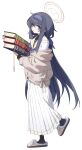  1girl absurdres bags_under_eyes black_hair blue_archive blue_eyes blush book cardigan commentary full_body halo highres holding holding_book jewelry joker_(tomakin524) long_hair long_skirt long_sleeves looking_at_viewer neckerchief necklace off_shoulder parted_lips sailor_collar school_uniform serafuku simple_background skirt slippers solo ui_(blue_archive) very_long_hair white_background white_sailor_collar white_skirt 
