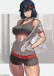 1girl abs absurdres black_hair black_shorts black_sports_bra blue_eyes breasts commentary cowboy_shot english_commentary grey_hoodie hands_in_pockets highres hood hoodie kill_la_kill looking_at_viewer matoi_ryuuko medium_breasts medium_hair multicolored_hair muscular muscular_female off_shoulder parted_lips partially_unzipped patreon_username red_hair short_shorts shorts solo sports_bra standing stopu streaked_hair 