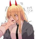  1girl ? absurdres artist_name black_necktie blonde_hair blush cat chainsaw_man coat collared_shirt commentary cross-shaped_pupils english_commentary fangs grey_coat hand_on_another&#039;s_chin hand_on_own_cheek hand_on_own_face highres holding_another&#039;s_arm horns long_sleeves looking_at_another medium_hair necktie open_mouth power_(chainsaw_man) shirt simple_background sweat symbol-shaped_pupils tongue trembling twitter_username upper_body white_background white_shirt wide_sleeves yellow_eyes zovokia 