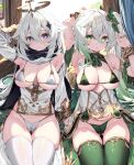  2girls aged_up alternate_breast_size armpits ass_visible_through_thighs bikini blush bracelet breasts cameltoe cleavage cross-shaped_pupils detached_sleeves dress genshin_impact gradient_hair green_eyes green_hair grey_hair hair_between_eyes hair_ornament halo highres jewelry large_breasts long_hair long_sleeves looking_at_viewer multicolored_hair multiple_girls nahida_(genshin_impact) nail_polish paimon_(genshin_impact) parted_lips pointy_ears scarf side_ponytail sidelocks sleeveless smile swimsuit symbol-shaped_pupils thighhighs waterring white_dress white_hair 