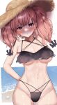  1girl absurdres atlanta_(kancolle) bare_arms bare_legs bare_shoulders bikini black_bikini blush breasts brown_hair brown_headwear cowboy_shot grey_eyes hair_between_eyes hat highres kantai_collection large_breasts long_hair navel one-hour_drawing_challenge parted_lips qqqmei solo straw_hat swimsuit twitter_username two_side_up 