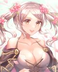  1girl :d bare_shoulders blush breasts brown_eyes cleavage collarbone dress fire_emblem fire_emblem_awakening fire_emblem_heroes flower grey_hair hair_flower hair_ornament highres large_breasts long_hair looking_at_viewer official_alternate_costume open_mouth robin_(female)_(fire_emblem) robin_(female)_(valentine)_(fire_emblem) robin_(fire_emblem) sleeveless smile solo twintails upper_body youhei_choregi 