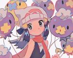  1girl alternate_color black_hair black_shirt blue_eyes commentary dawn_(pokemon) drifloon eyelashes hair_ornament hat hinann_bot looking_at_viewer pokemon pokemon_(creature) pokemon_dppt red_scarf scarf shiny_pokemon shirt sleeveless solo solo_focus symbol-only_commentary white_headwear 