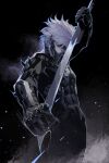  1boy bodysuit clenched_hand cofffee cyborg eyepatch gloves highres holding holding_weapon katana looking_at_viewer male_focus mechanical_parts metal_gear_(series) metal_gear_rising:_revengeance raiden_(metal_gear) short_hair solo sword weapon white_hair 