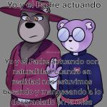  2023 anthro bear biped bottomwear brown_body clothing duo hat headgear headwear hi_res humanoid_hands male mammal padre_(unicorn_wars) pants purple_body sargento_caricias shirt spanish_text text topwear unicorn_wars yagamikuro67 