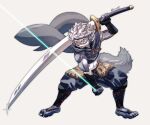 anthro aquila_(imoyasu_muteki) asure athletic athletic_male canid canine canis clothing facial_scar fur grey_body grey_fur hair male mammal melee_weapon multicolored_body red_eyes scar simple_background solo sword two_tone_body weapon wolf 