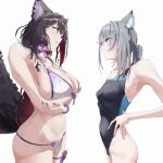  2girls animal_ear_fluff animal_ears bad_anatomy bead_bracelet beads bikini black_hair black_one-piece_swimsuit blue_archive bracelet breasts commentary_request crossed_arms fang fox_ears glaring grey_hair hair_ornament hairpin hands_on_own_hips highres jewelry large_breasts long_hair ltotyht multiple_girls navel official_alternate_costume one-piece_swimsuit purple_nails shiroko_(blue_archive) shiroko_(swimsuit)_(blue_archive) short_ponytail simple_background skin_fang small_breasts standing stomach swimsuit thigh_strap wakamo_(blue_archive) wakamo_(swimsuit)_(blue_archive) white_background wolf_ears yellow_eyes 