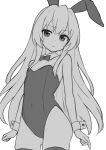  1girl aisaka_taiga animal_ears arms_at_sides ass_visible_through_thighs bare_shoulders blush bow bowtie closed_mouth commentary covered_navel cowboy_shot detached_collar dot_nose english_commentary fake_animal_ears flat_chest greyscale groin hair_between_eyes highres leotard long_hair looking_at_viewer mikoscrub monochrome rabbit_ears sidelocks simple_background sketch skindentation solo split_mouth standing straight_hair strapless strapless_leotard thighhighs toradora! very_long_hair wavy_mouth white_background wrist_cuffs 