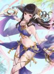  1girl alternate_costume armpit_crease astrid_(fire_emblem) bandeau black_hair breasts chakram character_request check_character check_copyright copyright_request dancer dual_wielding fire_emblem fire_emblem:_path_of_radiance fire_emblem:_radiant_dawn floating_hair gold gold_trim harem_outfit haru_(nakajou-28) highres holding long_hair looking_at_viewer medium_breasts navel parted_lips pelvic_curtain purple_bandeau red_eyes solo stomach thighlet thighs weapon 