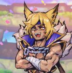  1boy :d animal_ears blonde_hair blue_jacket chain fur_trim jacket league_of_legends muscular muscular_male open_mouth orange_eyes phantom_ix_row sett_(league_of_legends) short_hair sleeveless sleeveless_jacket smile solo teeth upper_body 