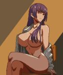  1girl bare_shoulders breasts chair closed_mouth collarbone convenient_leg crossed_legs hair_over_breasts huge_breasts ijiranaide_nagatoro-san long_hair on_chair pixel_art purple_hair red_eyes shiroi_seishi shirt simple_background sitting solo sunomiya_sana white_shirt 