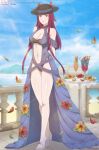  1girl absurdres alcohol artist_name balcony bare_legs beach bikini black_bikini black_headwear blue_sky blurry breasts cleavage cup depth_of_field dress drinking_straw falling_petals fire_emblem fire_emblem_engage floral_print flower full_body gown hat high_heels highres ivy_(fire_emblem) ivy_(summer)_(fire_emblem) large_breasts light_particles light_rays long_hair midriff navel ocean outdoors petals purple_eyes purple_hair sky solo standing sunlight swimsuit tak0baka thighs white_footwear 