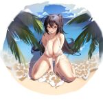  1girl :o ahoge azur_lane beach between_legs bikini black_hair blue_sky blush breasts cleavage cloud collarbone day full_body hair_between_eyes hand_between_legs highres huge_breasts jiangshuai_mengenze leaning_forward long_hair looking_at_viewer ocean official_alternate_costume open_mouth outdoors palm_leaf palm_tree parted_lips ponytail red_eyes sand shore sitting sky solo string_bikini swimsuit taihou_(azur_lane) taihou_(seaside_daydreams)_(azur_lane) tree very_long_hair wariza wet white_bikini 