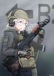  aks-74u assault_rifle beanie black_hoodie blue_eyes body_armor breath fog gloves green_headwear gun hair_ornament hairclip hat headphones highres hood hoodie kalashnikov_rifle original rifle savankov weapon white_hair 