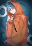  1boy aqua_hair black_background blue_background charisma_house closed_mouth expressionless fanu highres hood hood_down hood_up hoodie light_purple_hair male_focus multicolored_background multicolored_hair ohse_minato orange_hoodie short_hair solo yellow_eyes 