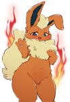  1girl :3 animal_ears animal_hands artist_name blonde_hair blue_eyes blush body_fur bright_pupils commentary dated extra_breasts fire flareon flat_chest furry furry_female groin hands_up happy highres ingi looking_at_viewer navel neck_fur nipples open_mouth orange_fur pawpads personification pokemon pokemon_(creature) short_hair signature smile solo standing stomach tail teeth thick_thighs thighs tongue two-tone_fur waving white_background white_pupils wide_hips yellow_fur 