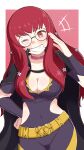  1girl absurdres adjusting_eyewear amagumo1023 belt black_cape blush bodysuit cape chest_strap choker clothing_cutout facial_mark fire_emblem fire_emblem_engage glasses gold_belt hair_ornament highres long_hair opaque_glasses pink_choker purple_bodysuit red_hair side_cutout star_(symbol) star_facial_mark star_hair_ornament yellow_belt yunaka_(fire_emblem) 