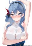  1girl absurdres ako_(blue_archive) amai-pai arm_up armpits black_hairband blue_archive blue_eyes blue_hair blue_halo blush breasts buttons closed_mouth collared_shirt hair_between_eyes hairband halo highres large_breasts long_hair looking_at_viewer shirt sideboob simple_background sleeveless sleeveless_shirt solo upper_body white_background white_shirt 