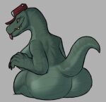  2023 anthro becky_(mr_dinobutt) big_breasts big_butt blep breasts butt digital_media_(artwork) dinosaur female gold_(metal) gold_tooth green_body hi_res looking_at_viewer looking_back mr_dinobutt raised_tail rear_view reptile scalie simple_background sitting smile smiling_at_viewer solo tail thick_thighs tongue tongue_out trucker_hat yellow_sclera 