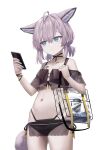  1girl absurdres ahoge aimpoleume animal_ears arknights bag bare_shoulders bikini black_bikini blue_eyes cellphone collarbone commentary_request cowboy_shot fox_ears fox_girl fox_tail hair_between_eyes hands_up highres holding holding_phone low_twintails navel off-shoulder_bikini off_shoulder parted_lips phone purple_hair short_twintails simple_background solo standing sussurro_(arknights) sussurro_(summer_flower)_(arknights) swimsuit tail transparent twintails white_background 