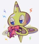  blue_eyes blush bow commentary_request full_body kokemushi_(kuru_fox) looking_away no_humans notice_lines outline pink_bow pokemon pokemon_(creature) rotom_drone solo white_background 