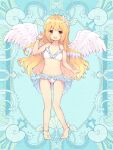  1girl :d astra_dewprism barefoot bikini blonde_hair blue_background feathered_wings flower frilled_bikini frills full_body hair_flower hair_ornament hand_up jewelry kerberos_blade long_hair looking_at_viewer red_eyes see-through smile solo standing swimsuit very_long_hair white_bikini white_wings wings wristband 