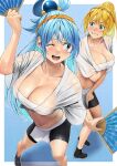  2girls aqua_(konosuba) bike_shorts blonde_hair blue_eyes blue_hair breasts cleavage commission darkness_(konosuba) folding_fan hair_ornament hand_fan highres izawa_(bhive003) kono_subarashii_sekai_ni_shukufuku_wo! large_breasts long_hair multiple_girls one_eye_closed patterned_background ponytail sarashi see-through skeb_commission sweat tabi tears wet wet_clothes x_hair_ornament 