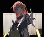  1girl absurdres ammunition_box belt_feed bocchi_the_rock! commando_(movie) green_eyes gun highres kessoku_band_t-shirt kita_ikuyo light_machine_gun m249 machine_gun middle_finger myjet nani_ga_warui parody red_hair shaded_face weapon wristband 