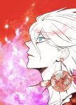  1boy blue_eyes collarbone dangle_earrings earrings fate/grand_order fate_(series) from_side gradient_background hair_between_eyes highres jewelry karna_(fate) looking_up male_focus mochizuki_jun pale_skin parted_lips pink_background portrait profile red_background red_eyeliner short_hair solo sun_earrings white_hair 