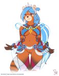 2018 absurd_res ailurid alternate_version_at_source anthro blue_hair breasts butt butt_from_the_front clothed clothing crown female front_view genitals hair halter headgear hi_res jewelry joe_randel knees_together long_hair mammal markings navel nipple_outline pengsong_(rnixon) portrait pussy red_panda ribbons ring_(marking) ringtail simple_background skimpy small_waist solo standing tail tail_markings thigh_gap three-quarter_portrait tiara under_boob white_background wide_hips ys 