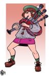  1girl :t absurdres bagpipes bob_cut boots border brown_eyes brown_footwear brown_hair buttons cable_knit cardigan commentary dress full_body gloria_(pokemon) green_headwear green_socks grey_cardigan hat highres holding holding_instrument instrument knees legs_apart music pink_dress plaid playing_instrument pokemon pokemon_(game) pokemon_swsh scruffyturtles short_hair socks solo squatting tam_o&#039;_shanter v-shaped_eyebrows white_border 