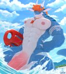  abs absurd_res anthro arm_markings balls big_muscles big_penis blue_body cloud front_view genitals hair hi_res horn huge_penis leg_markings male markings mouth_closed muscular muscular_anthro muscular_male narrowed_eyes nipples nude orange_eyes orange_hair pache_riggs partially_submerged pecs penis pink_nipples pink_penis short_hair signature sky solo standing tiberius_(pache_riggs) vein veiny_penis water white_balls white_body white_horn white_markings 