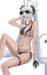  1girl absurdres arm_up bikini black_bikini black_choker black_gloves blue_archive breasts choker dark-skinned_female dark_skin demon_tail eyewear_on_head gloves grey_hair hair_over_one_eye halo highres invisible_chair iori_(blue_archive) iori_(swimsuit)_(blue_archive) kuyoumi long_hair navel parted_lips pointy_ears red_eyes sitting skindentation small_breasts solo stomach sunglasses swimsuit tail tan thigh_strap thighs twintails v-shaped_eyebrows very_long_hair 