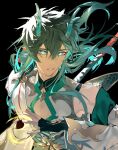  1boy black_background black_hair chinese_clothes dan_heng_(honkai:_star_rail) dan_heng_(imbibitor_lunae)_(honkai:_star_rail) detached_sleeves dragon_boy dragon_horns fingerless_gloves gloves green_eyes green_horns hair_between_eyes highres honkai:_star_rail honkai_(series) horns looking_at_viewer male_focus open_hand orb parted_lips pointy_ears poziteiiwakan red_eyeliner simple_background solo yin_yang yin_yang_orb 