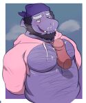  2018 anthro bandanna bodily_fluids body_hair breath chest_hair clothing cum cum_on_chest cum_on_face disembodied_penis drawyourfursona ejaculation facial_hair fish genital_fluids genitals hairy hoodie kerchief male male/male marine meme meme_clothing padzyan padzyan_(character) pecjob pecs penis pink_clothing pink_hoodie pink_topwear purple_body purple_scales scales sex shark solo topwear twitter_hoodie 