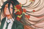  1boy artist_name black_hair black_jacket black_necktie brown_background closed_mouth collared_shirt colored_inner_hair danganronpa_(series) danganronpa_2:_goodbye_despair flower hair_between_eyes hair_flower hair_ornament hair_up jacket kamukura_izuru long_hair looking_at_viewer male_focus multicolored_hair necktie red_eyes red_flower red_hair shirt sillymaraca solo white_shirt 