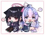  2girls black_hair blue_archive blush chibi closed_mouth colored_inner_hair futagoma hair_between_eyes hair_ornament highres kazusa_(blue_archive) long_hair multicolored_hair multiple_girls open_mouth pink_hair purple_eyes purple_hair red_eyes reisa_(blue_archive) short_hair smile star_(symbol) star_hair_ornament twintails 